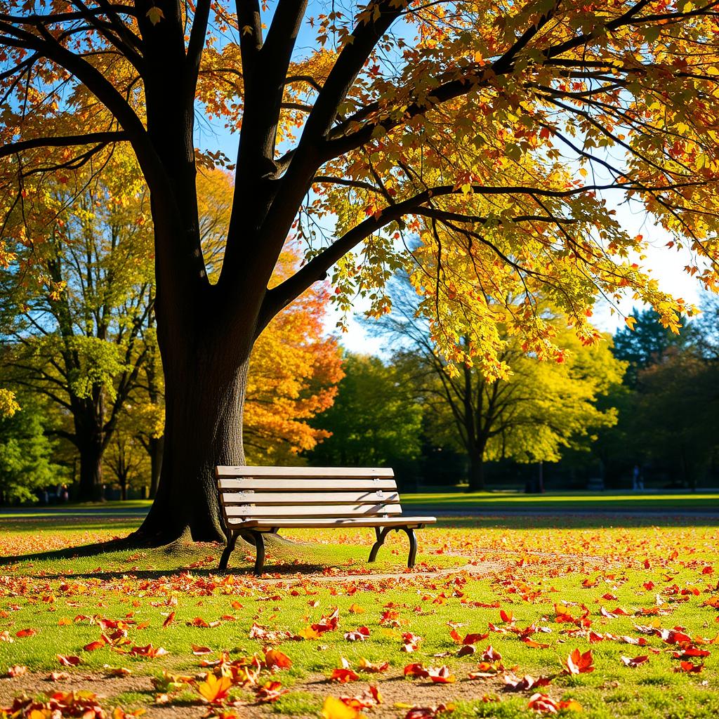 A serene park scene featuring an empty bench under a large tree, surrounded by vibrant autumn leaves falling gently to the ground