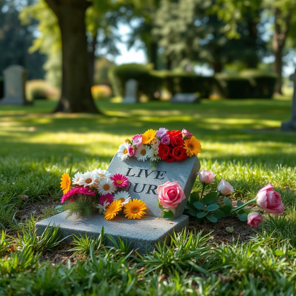 A small, serene grave with a simple headstone surrounded by a variety of colorful flowers gently placed on top