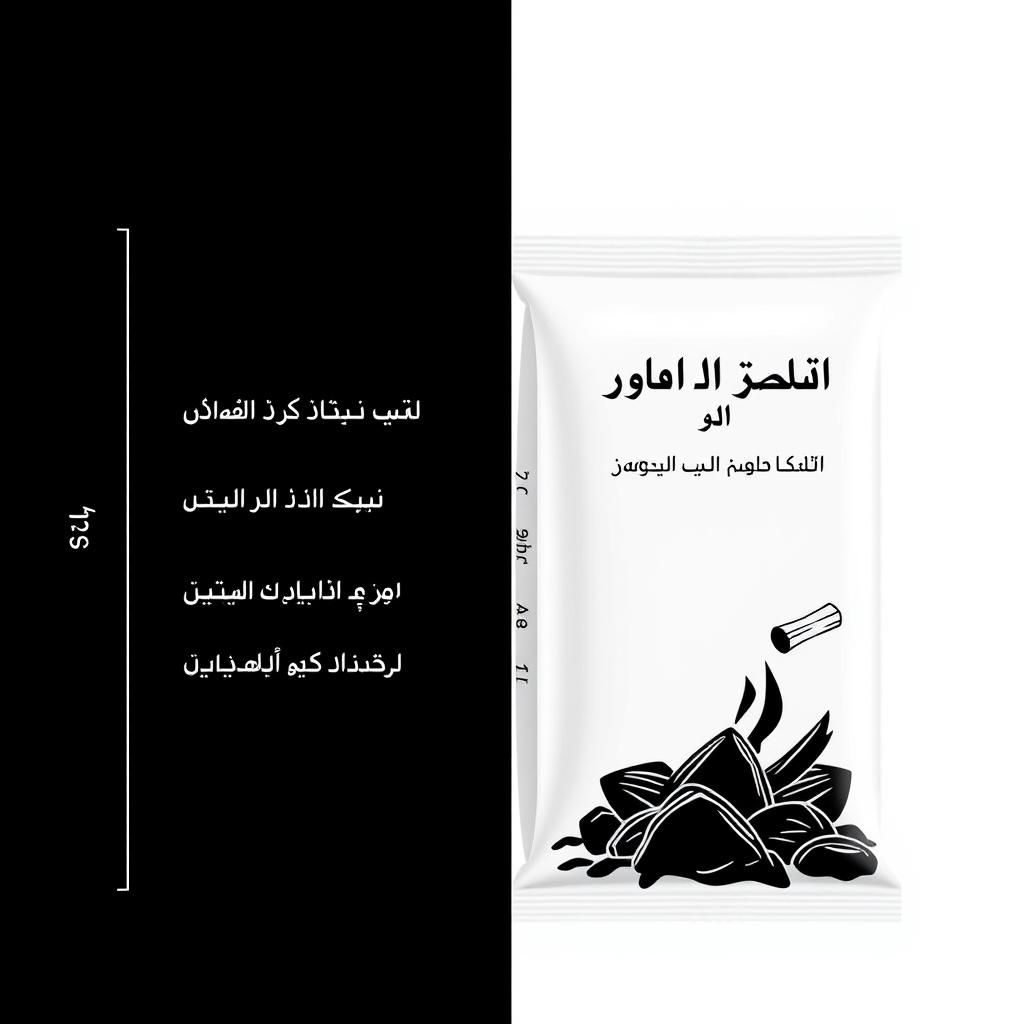 A simple black and white packaging design for fire starters made from sawdust and paraffin, with dimensions of 1 inch wide, 9 inches tall, and 13 inches deep