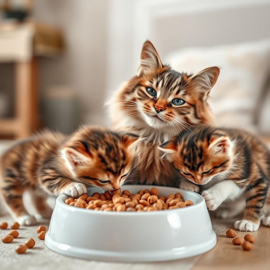 A happy mother cat with her playful kittens enjoying a meal of high-quality dry cat food in a cozy, well-lit home