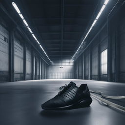 A sleek Nike x Issey Miyake black pleated sneaker located in a dramatic monochromatic industrial warehouse, shot in an editorial style.