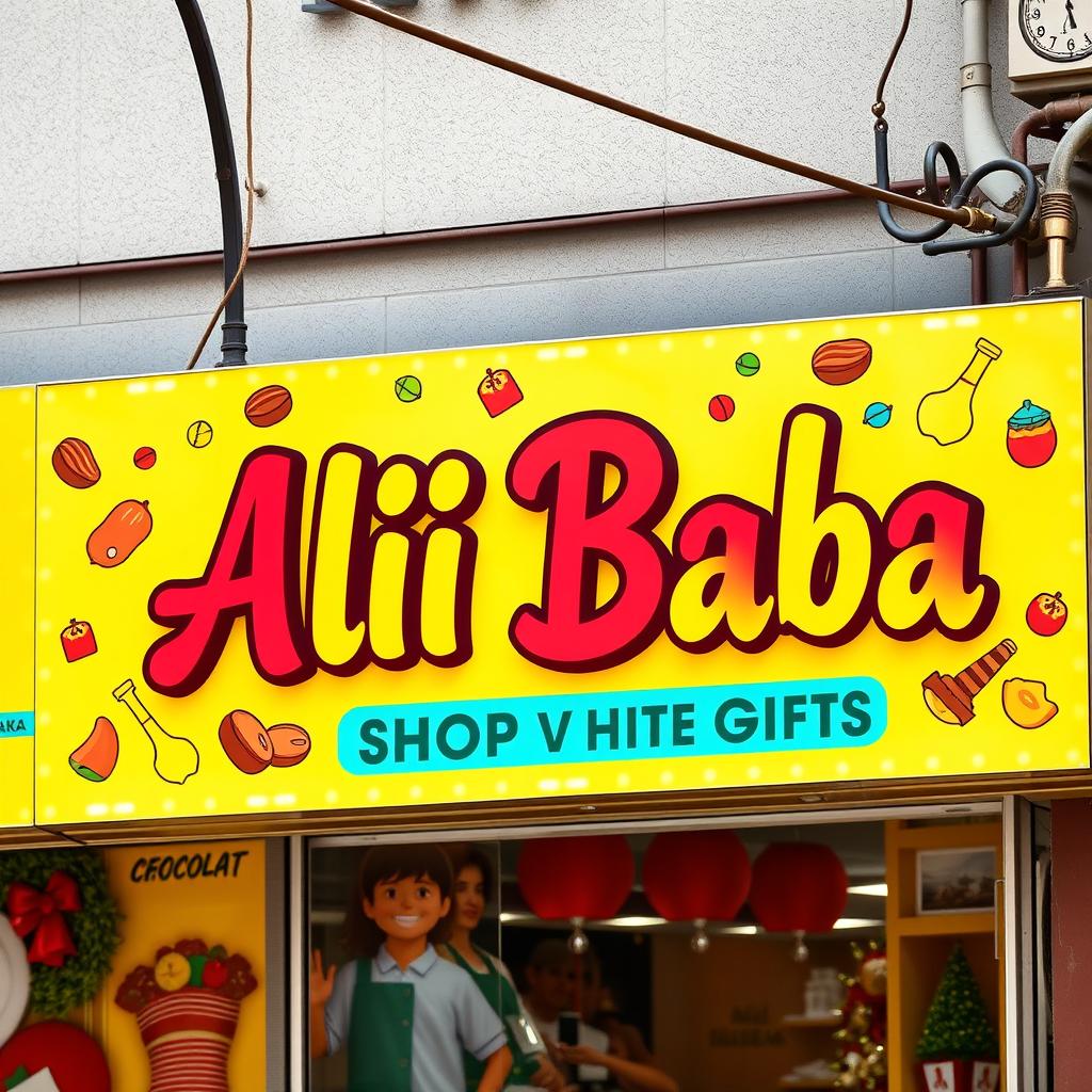 A vibrant and eye-catching shop sign for a store named 'Ali Baba', specializing in nuts, chips, chocolates, and gifts