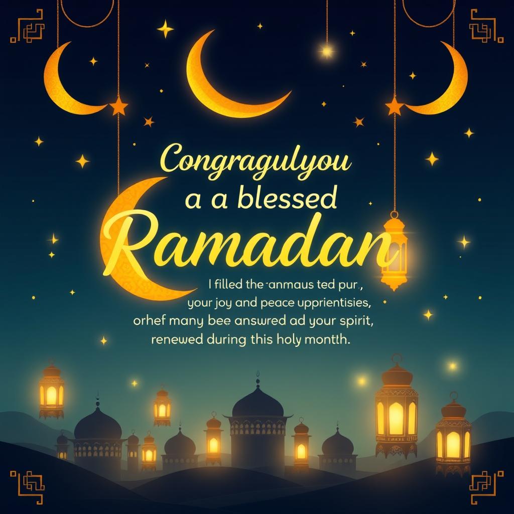 A beautifully designed congratulatory message for the holy month of Ramadan, featuring crescent moons and stars, vibrant Islamic geometric patterns, and soft glowing lanterns
