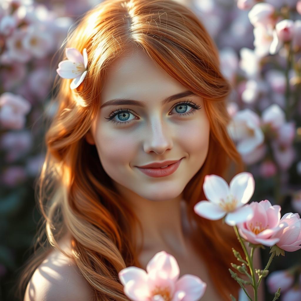 A beautiful young woman with vibrant amber hair cascading down in soft waves, her delicate features highlighting her crystal blue eyes that sparkle like diamonds
