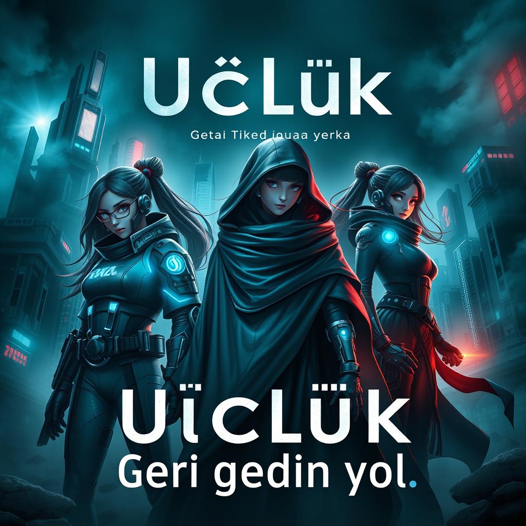 A mesmerizing book cover for 'Üçlük: Geri gedən yol', featuring three mysterious girls in a dark, futuristic setting