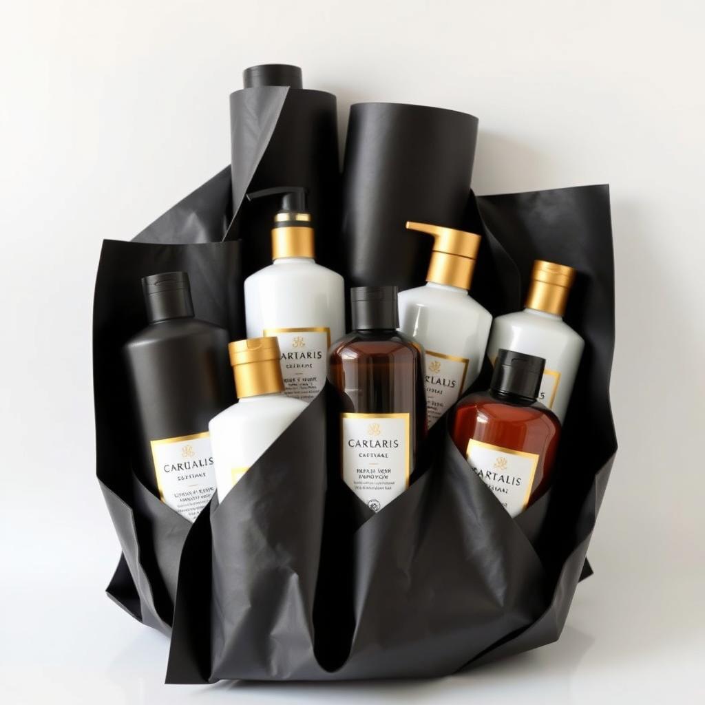 A photo of several shampoo bottles, artistically arranged and wrapped in sleek black cardboard packaging