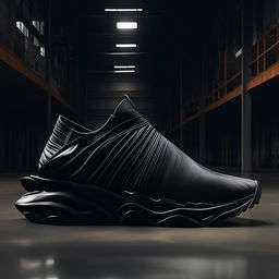 A sleek Nike x Issey Miyake black pleated sneaker located in a dramatic monochromatic industrial warehouse, shot in an editorial style.