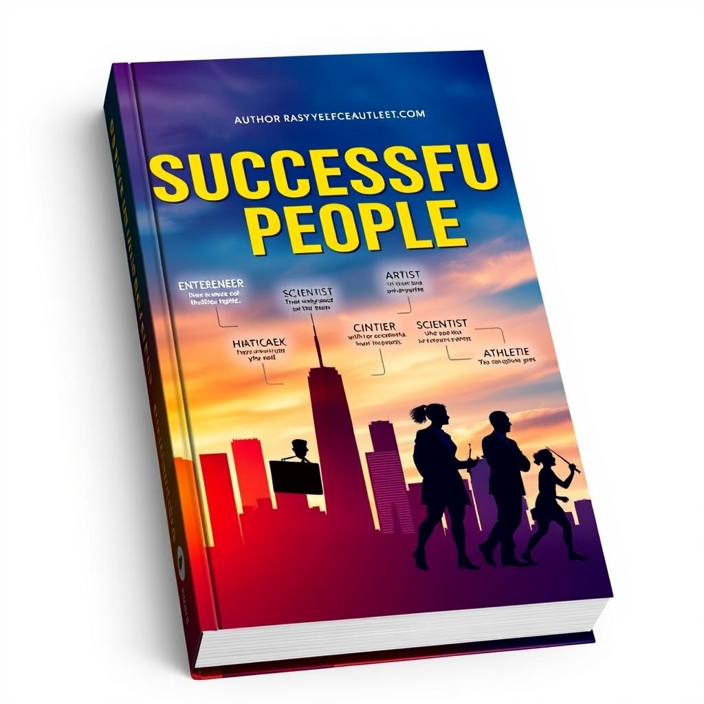A visually striking book cover titled 'Successful People', featuring a diverse group of successful individuals portrayed as silhouettes against a city skyline at sunset