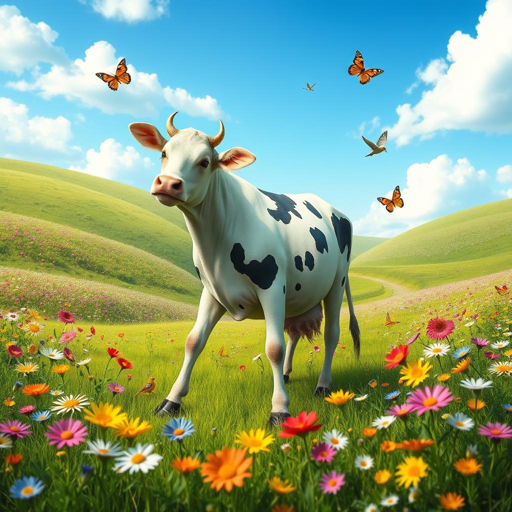 A surreal and imaginative depiction of a two-headed cow with three legs, set in a lush green meadow filled with vibrant flowers