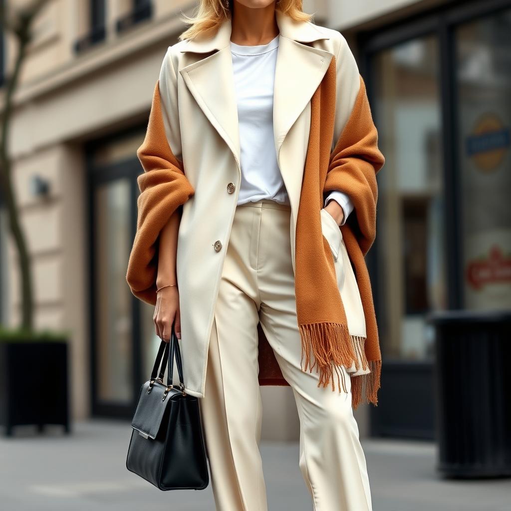 A stylish outfit featuring a cream-colored manteau and trousers, complemented by a coffee-colored shawl