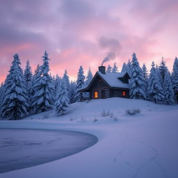 A serene winter landscape featuring a cozy log cabin with smoke gently rising from the chimney, nestled among snow-covered pine trees