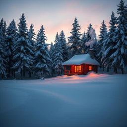 A serene winter landscape featuring a cozy log cabin with smoke gently rising from the chimney, nestled among snow-covered pine trees