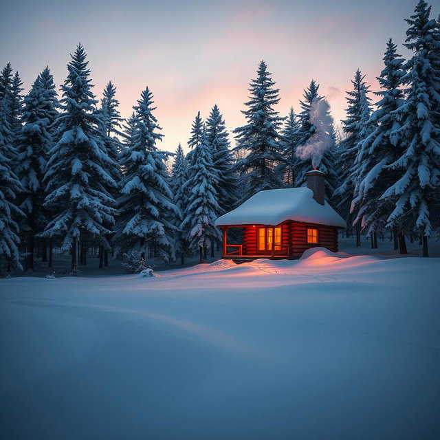 A serene winter landscape featuring a cozy log cabin with smoke gently rising from the chimney, nestled among snow-covered pine trees