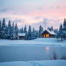 A serene winter landscape featuring a cozy log cabin with smoke gently rising from the chimney, nestled among snow-covered pine trees