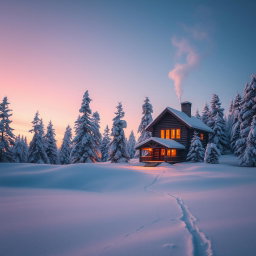 A serene winter landscape featuring a cozy log cabin with smoke gently rising from the chimney, nestled among snow-covered pine trees