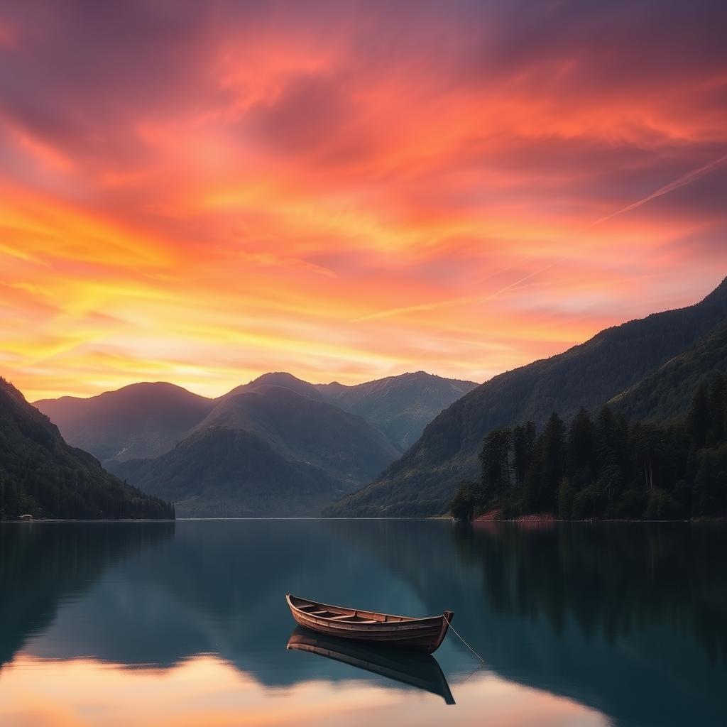 A serene landscape showcasing a stunning sunset over a calm lake, surrounded by lush green mountains