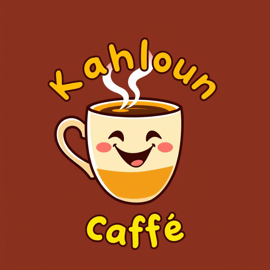 A whimsical and colorful logo design for 'Kahloun Caffè', featuring a cartoon-style coffee cup with a friendly smile