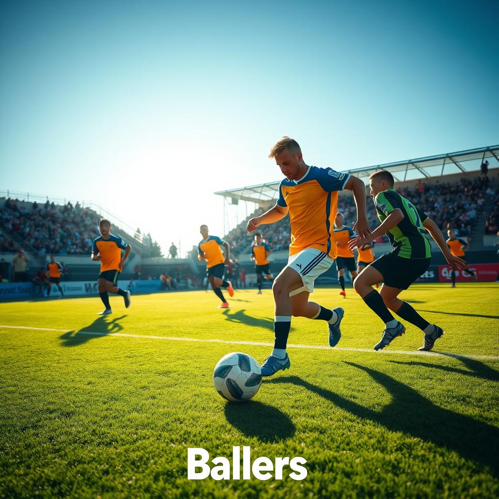 A dynamic football scene showcasing a lively match in progress, with players in vibrant team jerseys in action on a lush green field