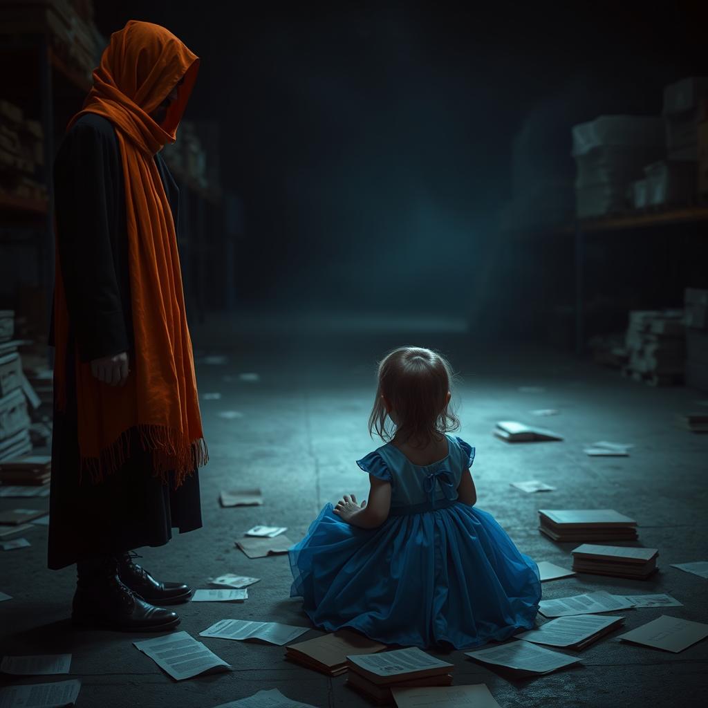 A mysterious scene in a dimly lit warehouse featuring a stranger dressed in black clothing and an orange scarf wrapped around his face standing before a little girl sitting on the ground
