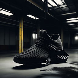 A sleek Nike x Issey Miyake black pleated sneaker located in a dramatic monochromatic industrial warehouse, shot in an editorial style.