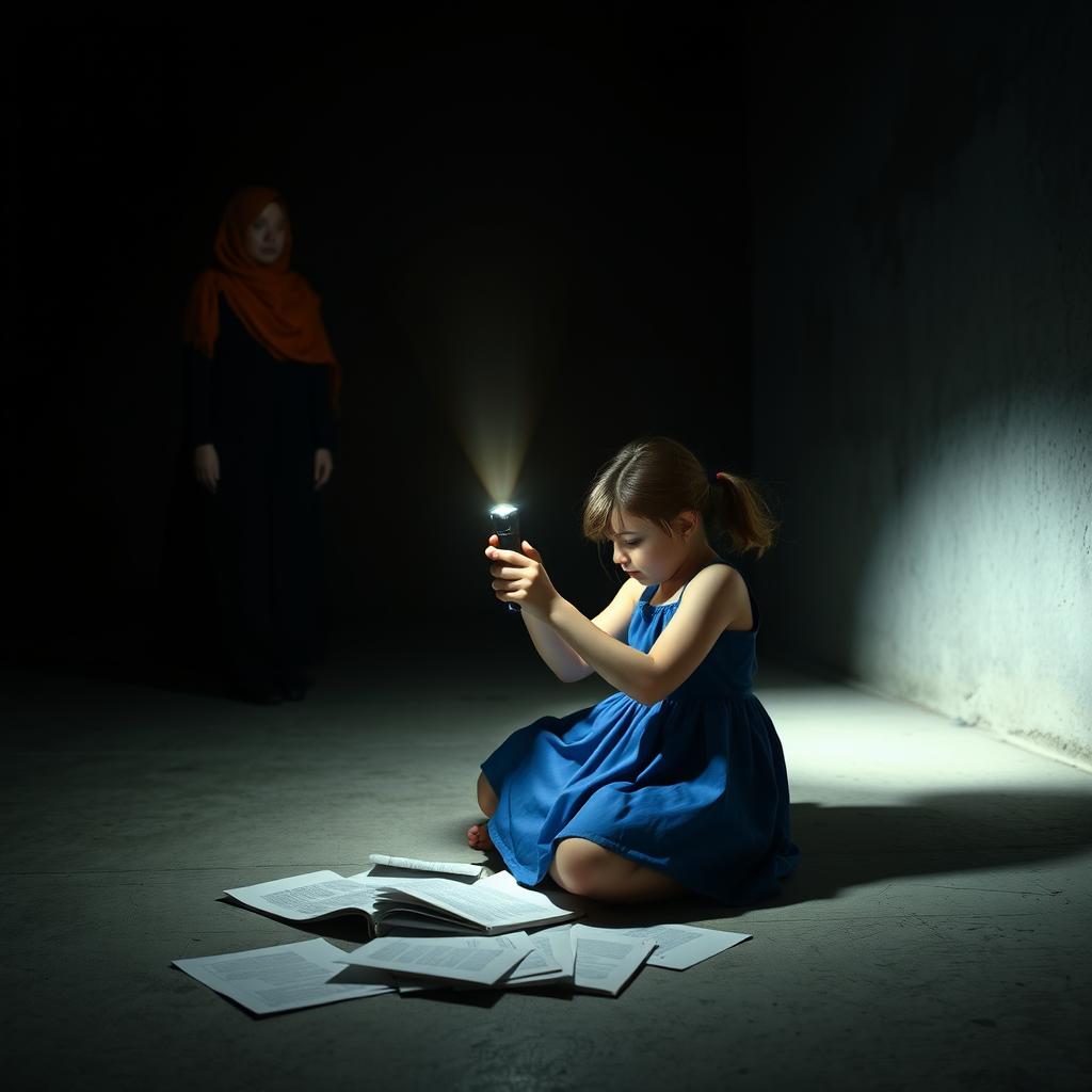 A cold, dark warehouse partially illuminated by a single flashlight, casting a warm glow on the floor