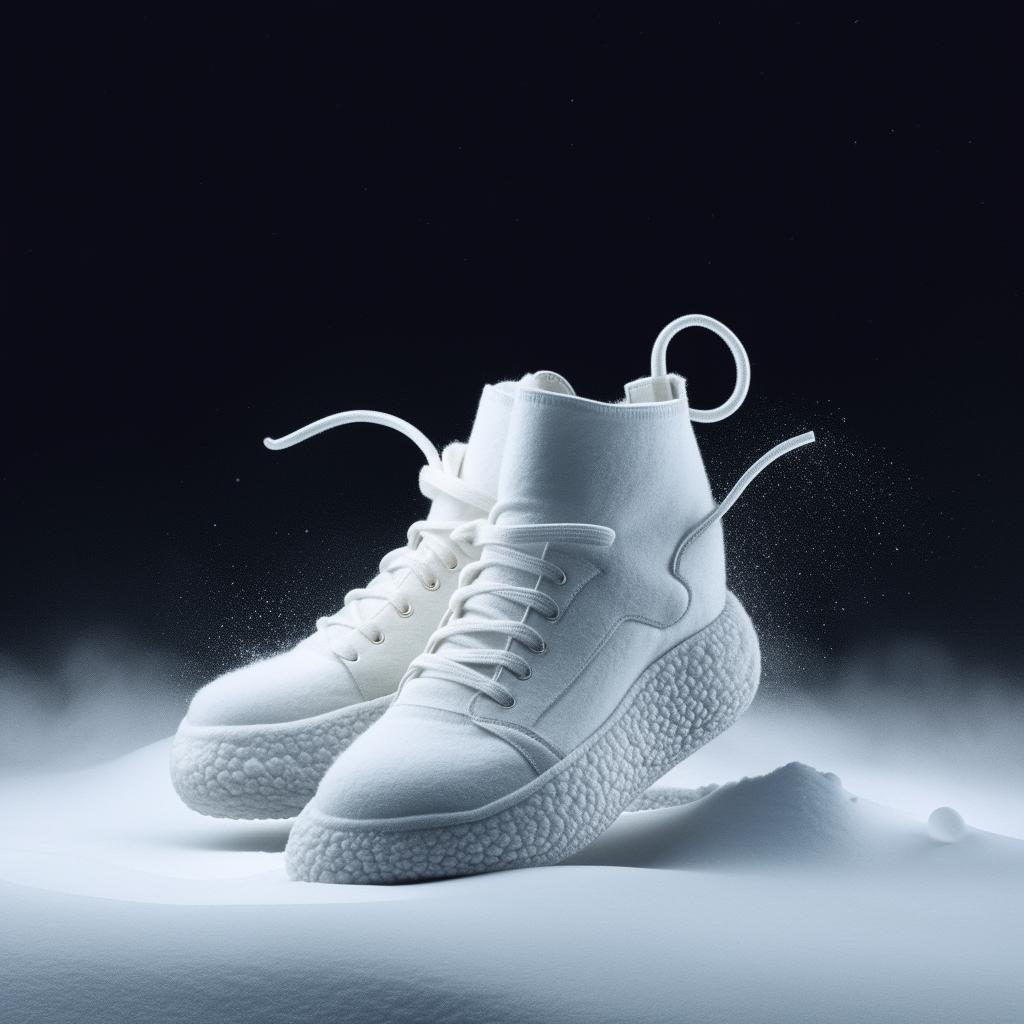 A high-definition image of white, avant-garde conceptual sneakers set against the flurry of a snowstorm.