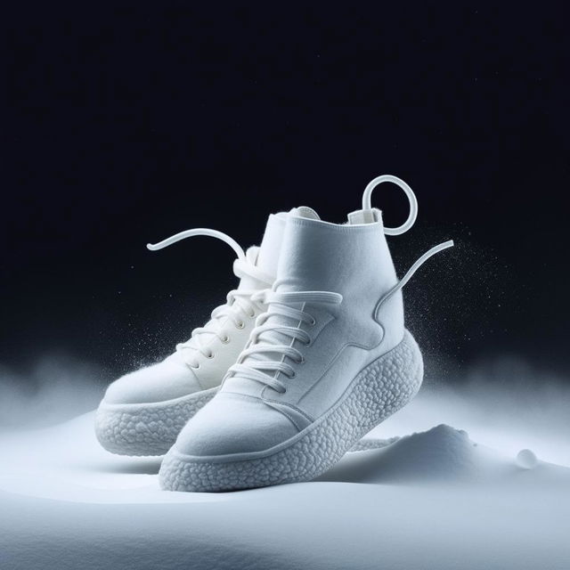 A high-definition image of white, avant-garde conceptual sneakers set against the flurry of a snowstorm.