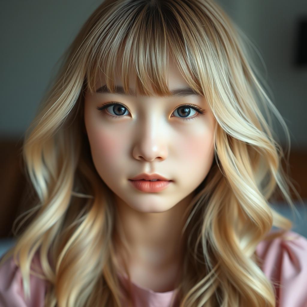 A realistic portrait of an Asian girl, featuring sharp blue eyes and long, voluminous wavy blonde hair with bangs