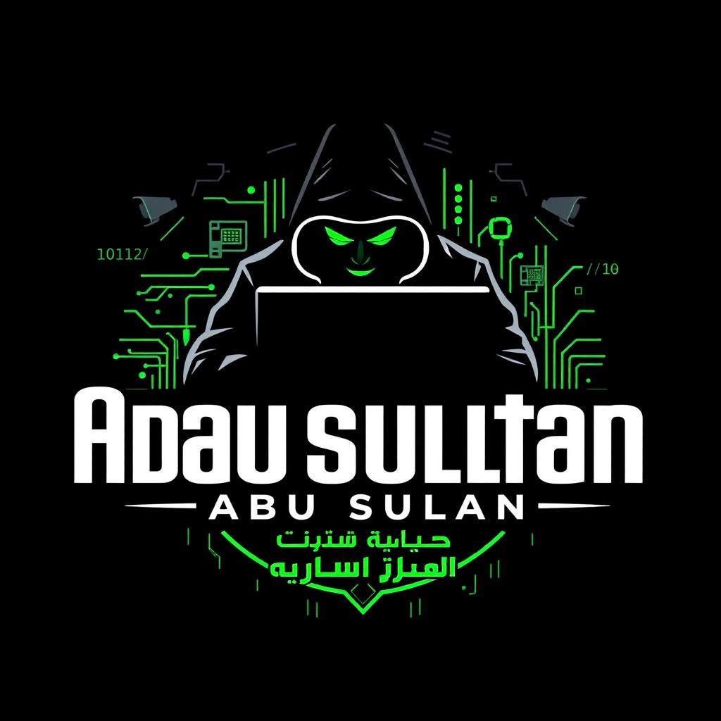 Logo design for 'Abu Sultan قاهر النساء', featuring a hacking-themed background