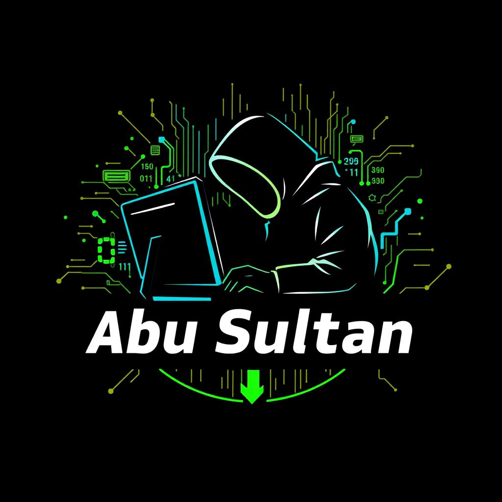 Logo design for 'Abu Sultan', featuring a dynamic hacking-themed background