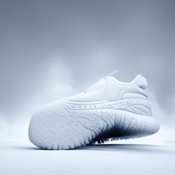 A high-definition image of white, avant-garde conceptual sneakers set against the flurry of a snowstorm.