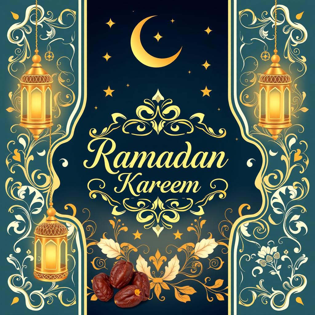 A beautifully designed Ramadan greeting card for Bonyan Trading Company, featuring elegant Islamic art patterns, crescent moon and stars, and a warm, inviting color palette of deep blues, golds, and whites