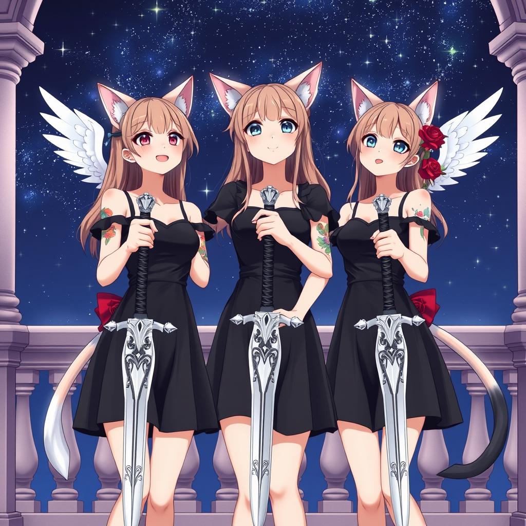 Three beautiful anime-like sisters named Rosebud, Rosaline, and Rosa, all 20 years old, are joyfully looking up at the night sky from a palace terrace, surrounded by a sparkling starry backdrop
