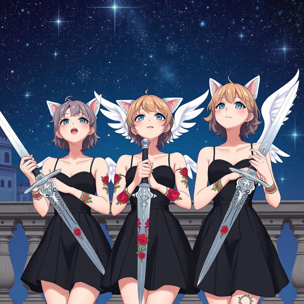 Three beautiful anime-like sisters named Rosebud, Rosaline, and Rosa, all 20 years old, are joyfully gazing up at the night sky from a palace terrace, with a stunning starry backdrop