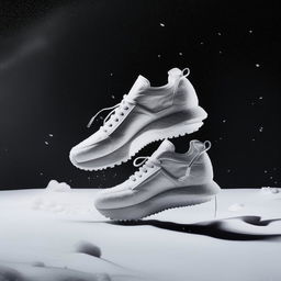 A high-definition image of white, avant-garde conceptual sneakers set against the flurry of a snowstorm.