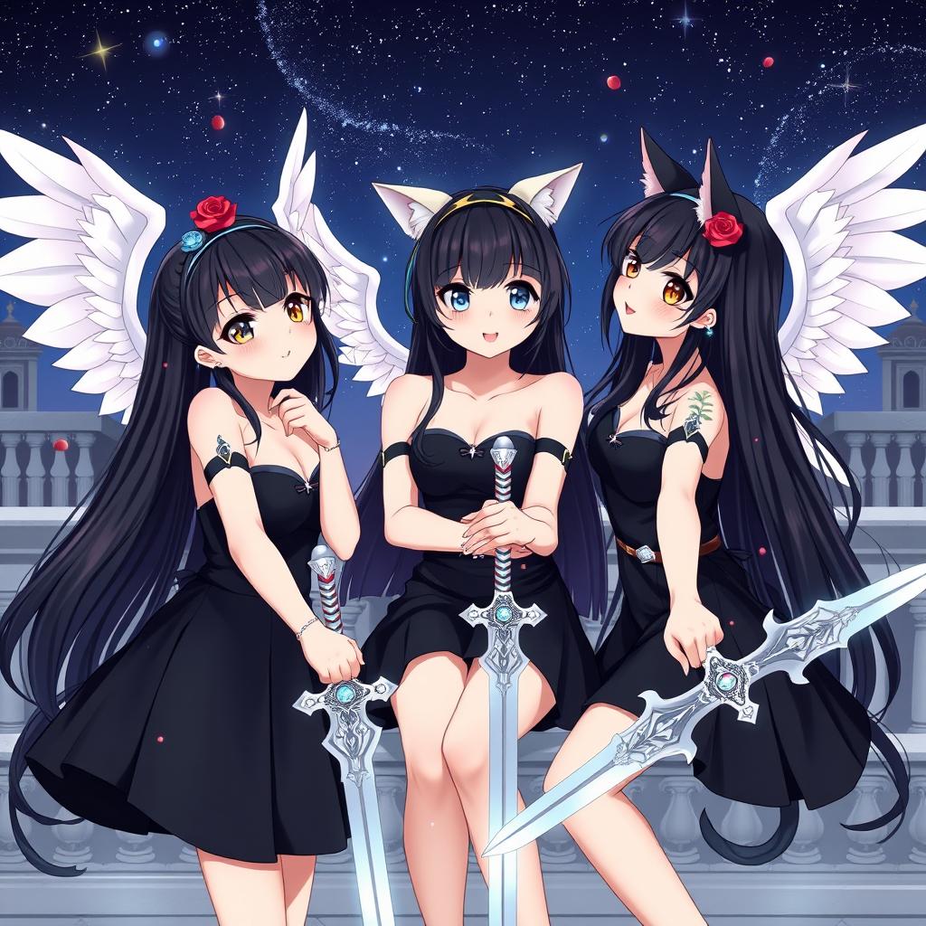 Three beautiful anime-like sisters named Rosebud, Rosaline, and Rosa, all 20 years old, happily gazing at the starry night sky from a palace terrace