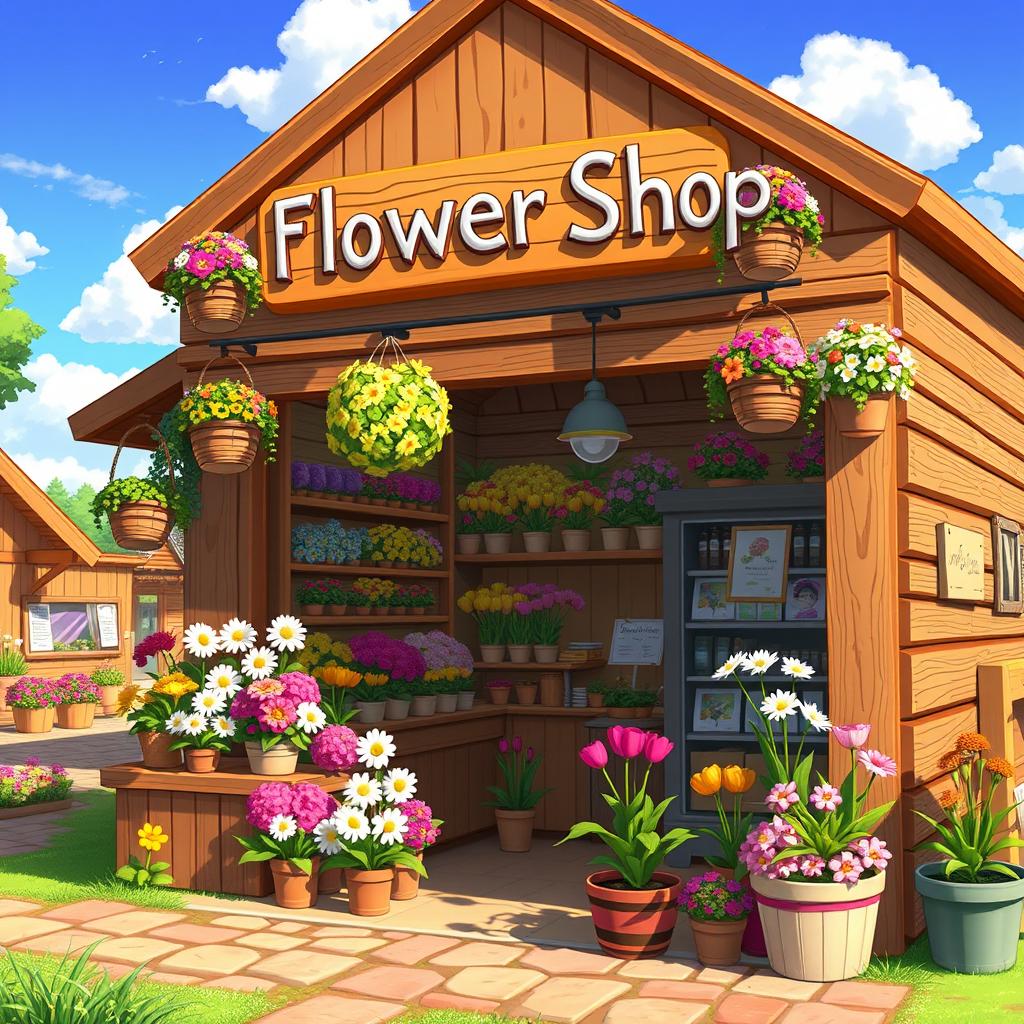 A charming flower shop inspired by Stardew Valley, featuring a rustic wooden exterior adorned with colorful flowers hanging in baskets and vibrant flower beds