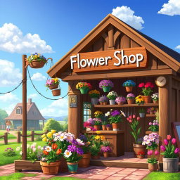 A charming flower shop inspired by Stardew Valley, featuring a rustic wooden exterior adorned with colorful flowers hanging in baskets and vibrant flower beds