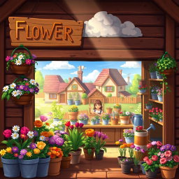 A charming flower shop inspired by Stardew Valley, featuring a rustic wooden exterior adorned with colorful flowers hanging in baskets and vibrant flower beds