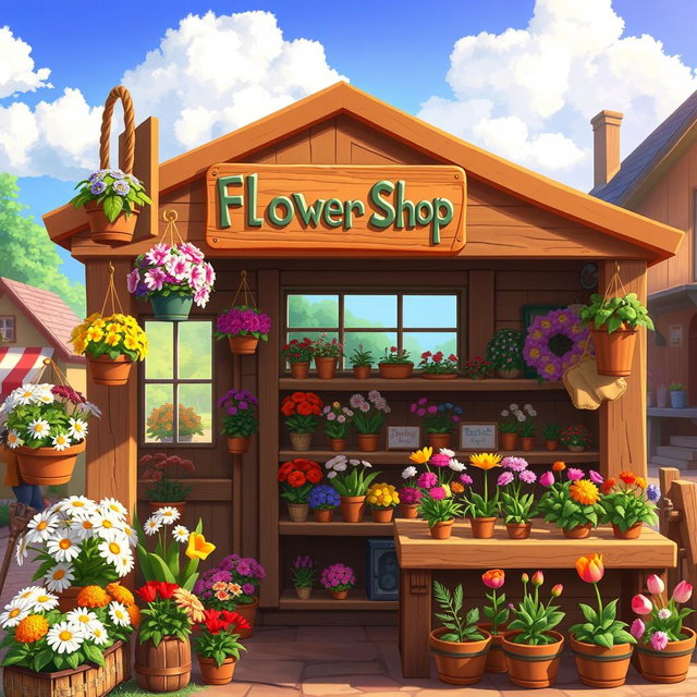 A charming flower shop inspired by Stardew Valley, featuring a rustic wooden exterior adorned with colorful flowers hanging in baskets and vibrant flower beds