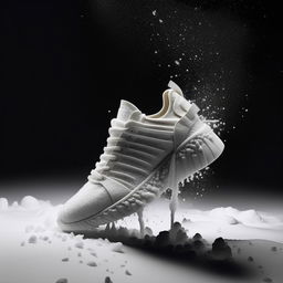 A high-definition image of white, avant-garde conceptual sneakers set against the flurry of a snowstorm.