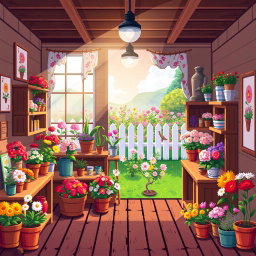 A charming pixel art flower shop in the style of Stardew Valley, featuring a cozy interior filled with colorful flowers, potted plants, and gardening supplies