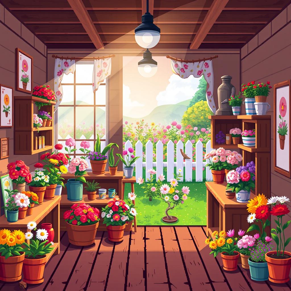 A charming pixel art flower shop in the style of Stardew Valley, featuring a cozy interior filled with colorful flowers, potted plants, and gardening supplies