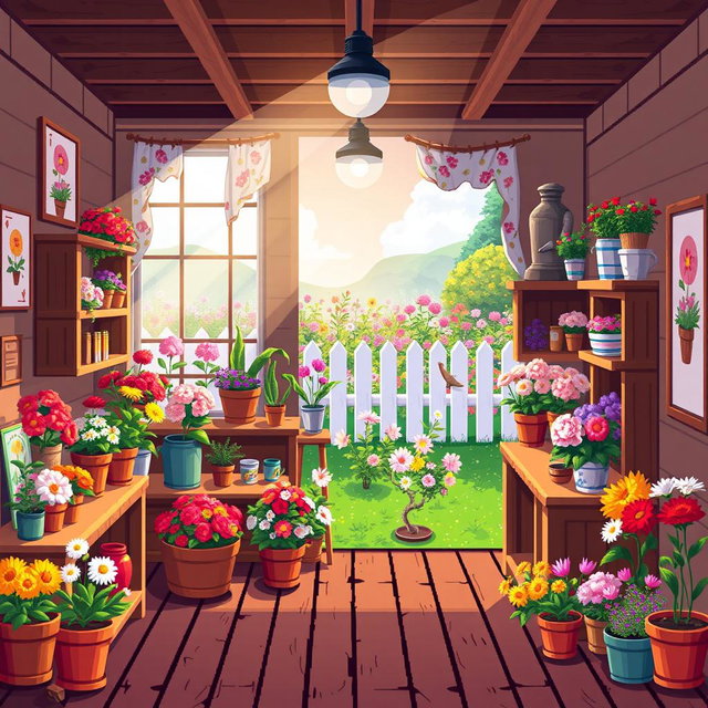 A charming pixel art flower shop in the style of Stardew Valley, featuring a cozy interior filled with colorful flowers, potted plants, and gardening supplies