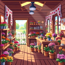 A charming pixel art flower shop in the style of Stardew Valley, featuring a cozy interior filled with colorful flowers, potted plants, and gardening supplies