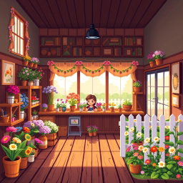 A charming pixel art flower shop in the style of Stardew Valley, featuring a cozy interior filled with colorful flowers, potted plants, and gardening supplies
