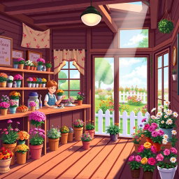 A charming pixel art flower shop in the style of Stardew Valley, featuring a cozy interior filled with colorful flowers, potted plants, and gardening supplies