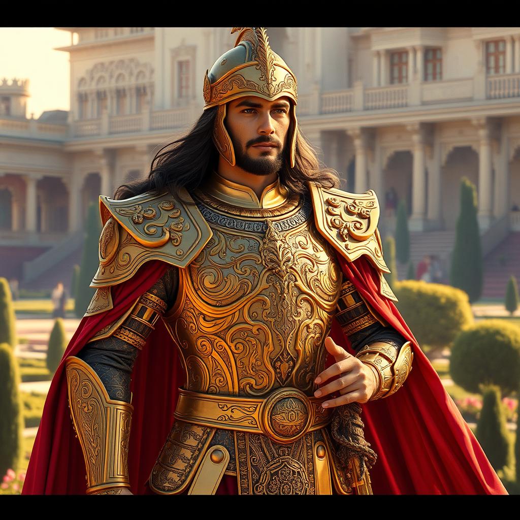 A majestic Persian prince wearing intricate, ornate armor decorated with gold and jewels