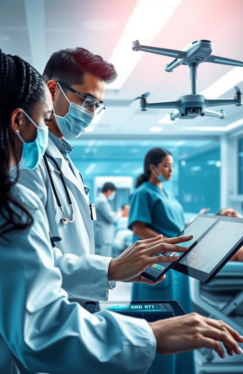 A visually striking illustration of the influence of AI on healthcare, depicting a modern hospital setting where AI technologies are seamlessly integrated into patient care