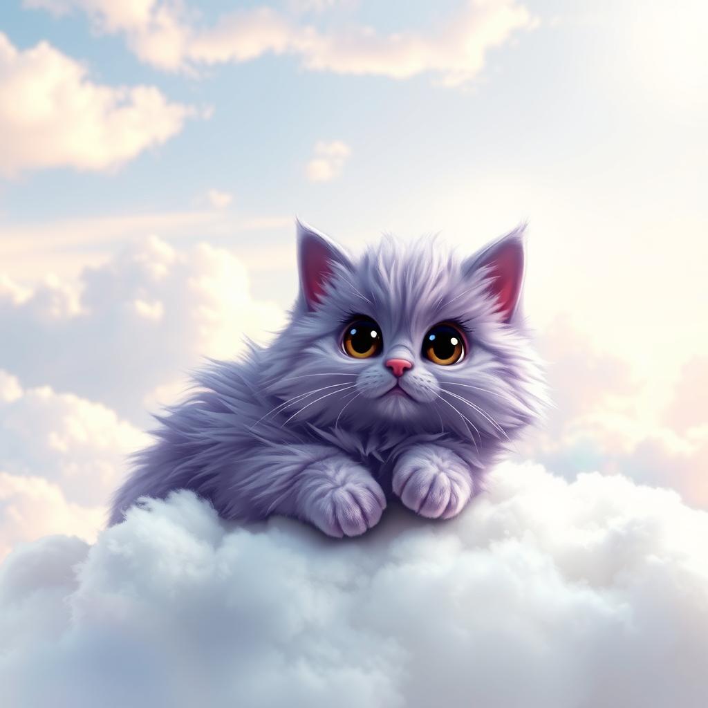 A cute, fluffy purple cat with large, expressive eyes, lounging playfully on a soft cloud